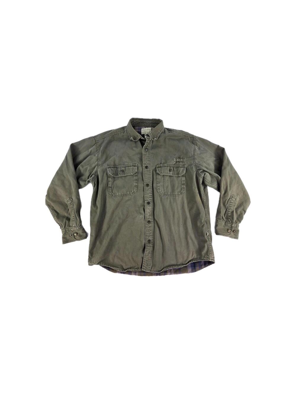 VTG Cabelas Roughneck Canvas Shirt Jacket Size L Flannel Lined Olive Green shirt